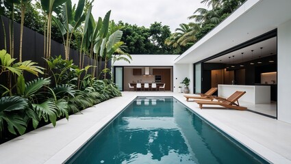 a modern architectural style featuring a luxurious outdoor setting. The layout includes a rectangular swimming pool bordered by lush green tropical plants on one side and a sleek, contemporary buildin