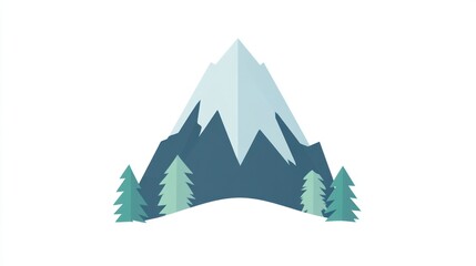 Mountain with snow peak and evergreen trees at base in flat design for icon use