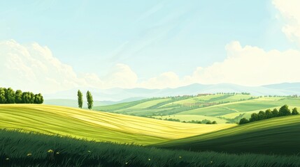 Picturesque rolling hills embrace a sunny countryside.
