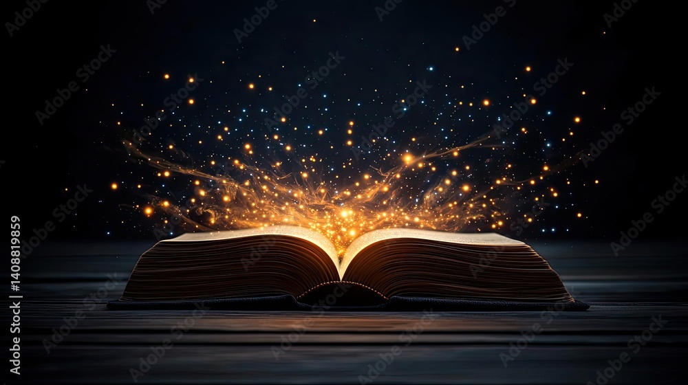 Poster open book under starry sky with galaxy and cognition concept. an open book emitting magical glowing 