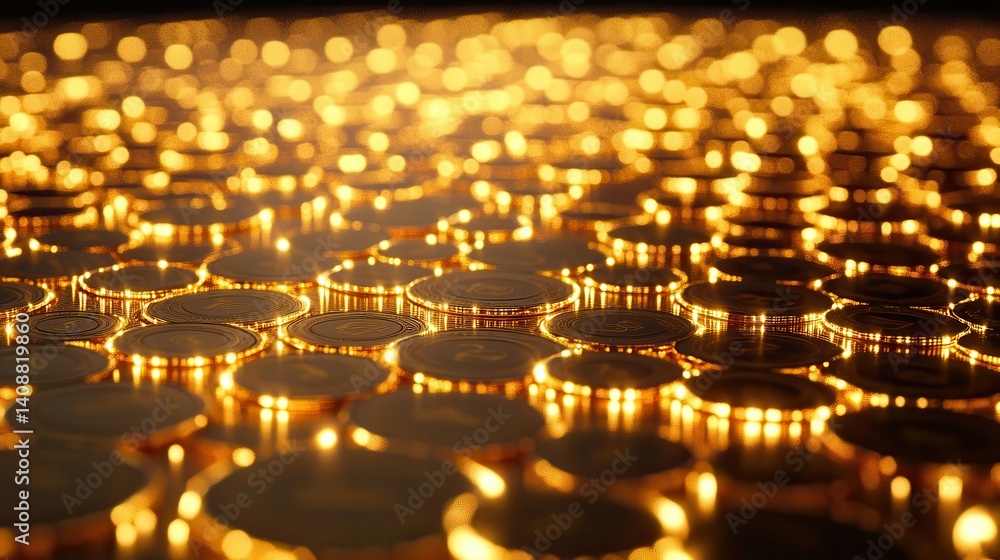 Aufkleber golden coins displayed with shallow depth of field illumination