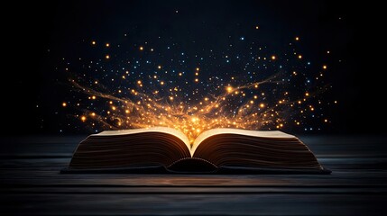 Open book under starry sky with galaxy and cognition concept. An open book emitting magical glowing particles in darkness.