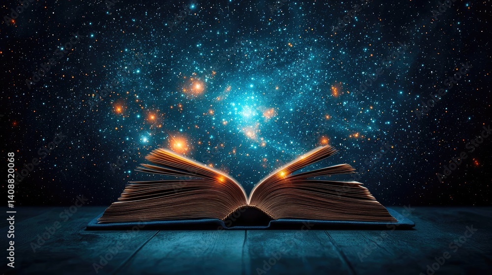 Poster open book under starry sky with galaxy and cognition concept. an open book reveals the mysteries of 