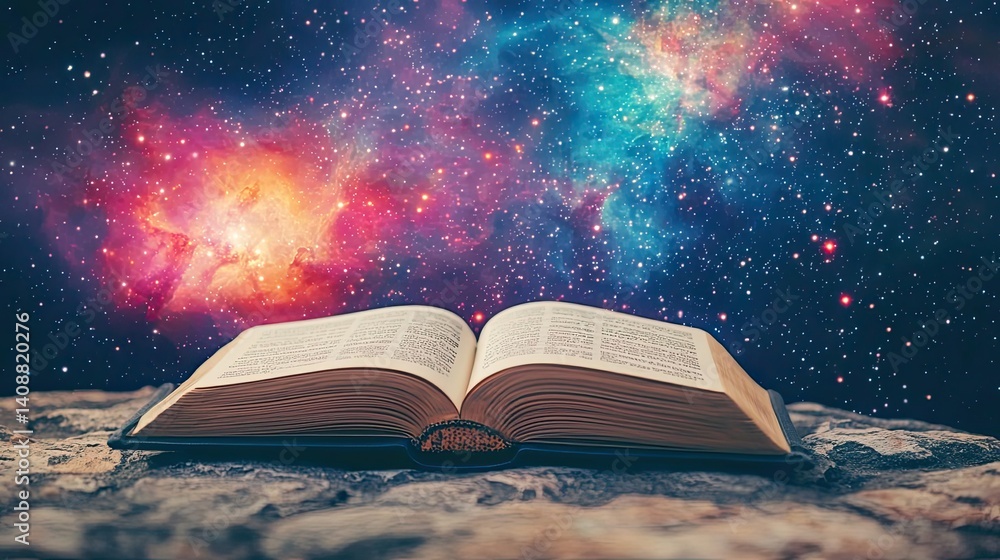 Poster Open book under starry sky expanding cognition of space concept. An open book against a colorful cosmic backdrop, symbolizing knowledge.