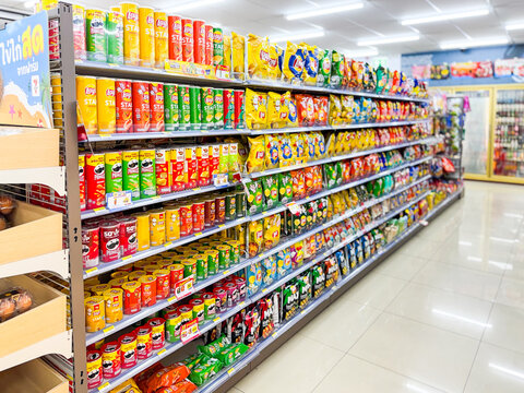 Bangkok Thailand - 13 April 2025: Many flavors of Lays potato chips on the shelf for sale in the 7-11