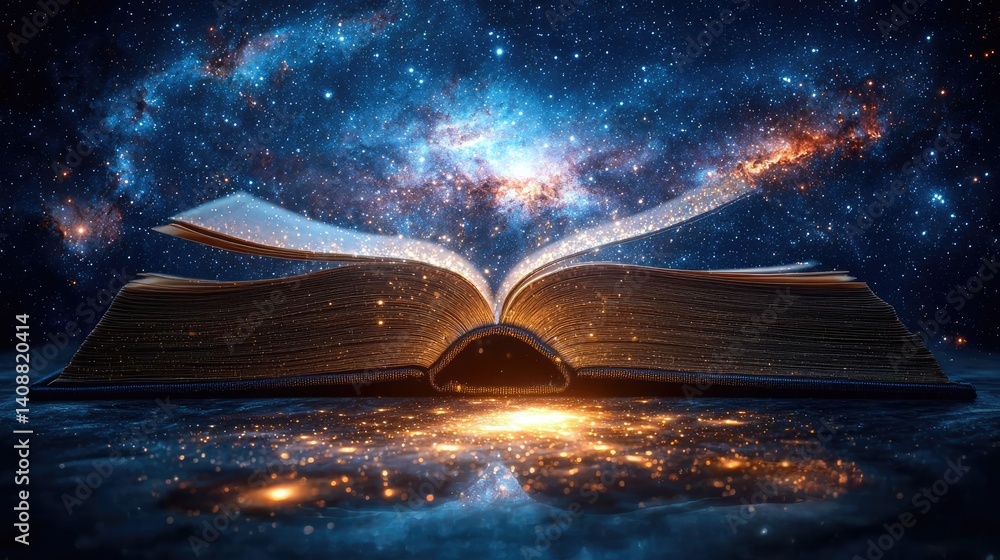 Aufkleber open book under starry sky with galaxy and cognition concept. an open book revealing a cosmic univer