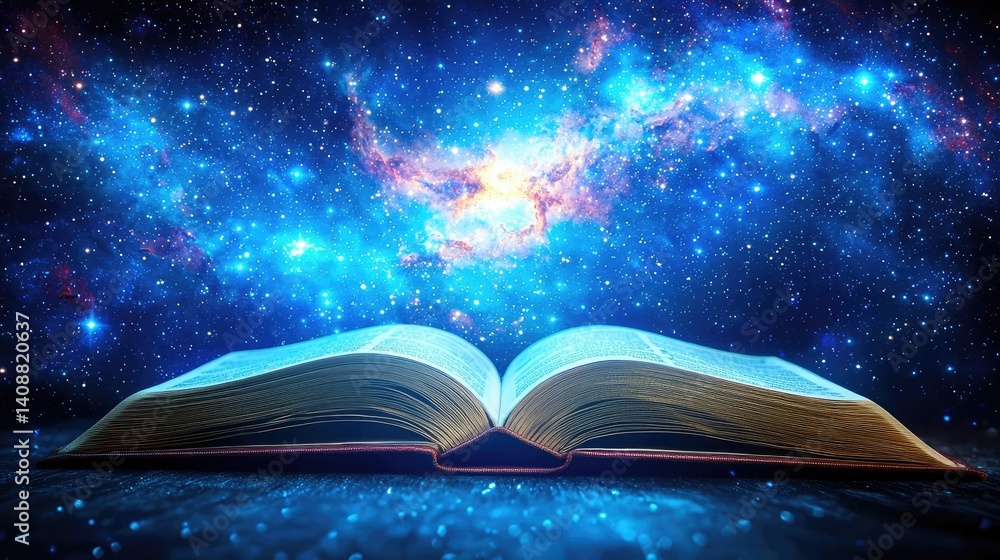Aufkleber Open book under starry sky symbolizing learning and cognition concept. An open book reveals the wonders of the universe beyond.