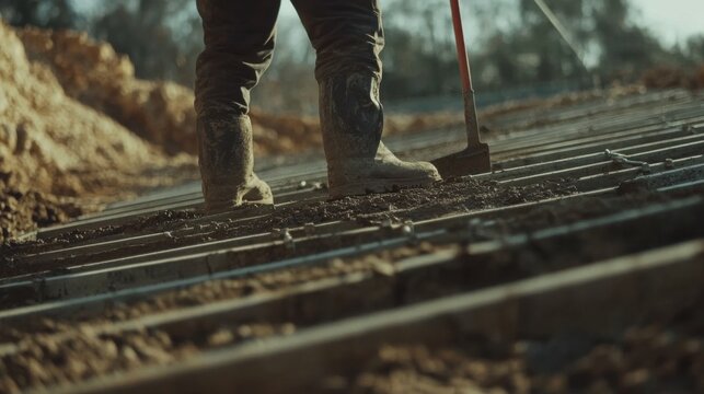 A construction worker laying the foundation for a building. Featuring precision and strong work ethic