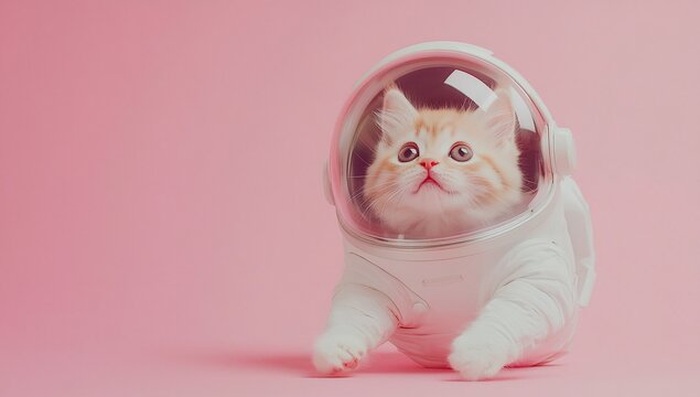 Cute kitten astronaut on pink background