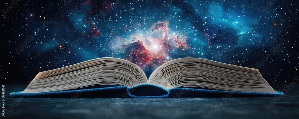 Poster open book under starry sky symbolizing learning and cognition concept. an open book reveals the univ