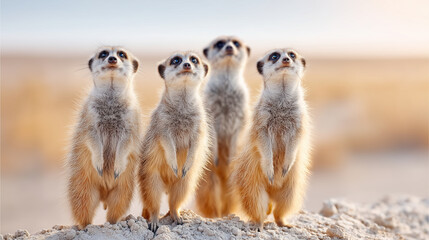 Fototapeta premium Four meerkats standing on a mound, attentively looking upwards against a bright, blurry background. They're alert and watchful in their natural habitat.
