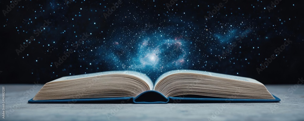 Poster Open book under starry sky symbolizing learning and cognition concept. An open book revealing a galaxy of possibilities and knowledge.