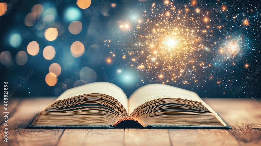 Poster open book under starry sky with galaxy and cognition concept. an open book reveals cosmic wonders an