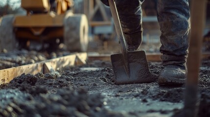 A construction worker laying the groundwork for a new building foundation. Featuring meticulousness and effort