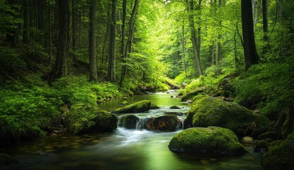 Naklejka premium Serene Forest Stream: A Tranquil Escape into Nature's Embrace