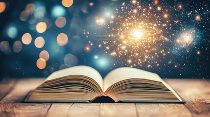 Open book under starry sky with galaxy and cognition concept. An open book reveals cosmic wonders and limitless imagination.