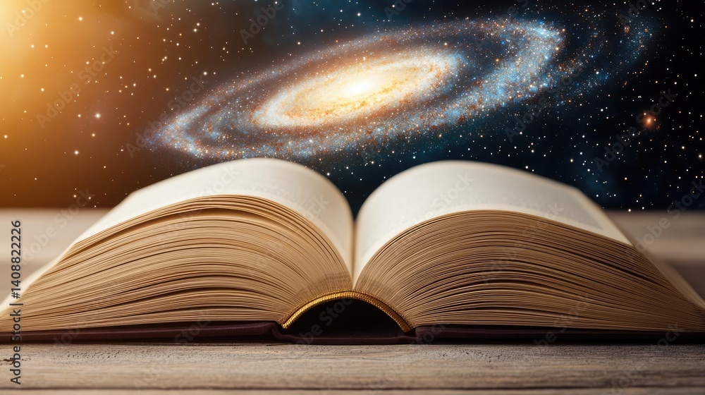 Poster open book under starry sky symbolizing learning and cognition concept. an open book reveals a galaxy