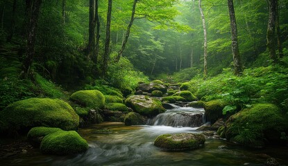 Obraz premium Serene Mossy Creek in a Lush Forest