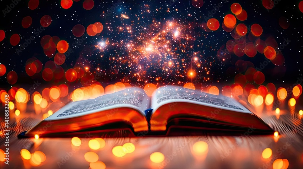 Poster open book under starry sky with galaxy and cognition concept. an open book illuminated by cosmic lig