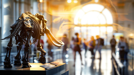 Gigantic mastodon fossil exhibited in natural history museum, prehistoric mammal skeleton on display for education and paleontology study, evolution and ancient wildlife concept.