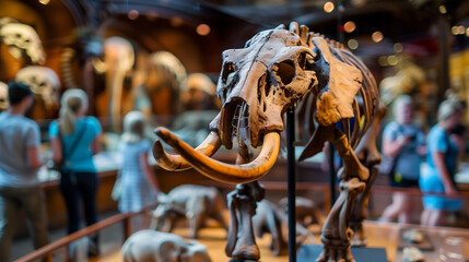 Gigantic mastodon fossil exhibited in natural history museum, prehistoric mammal skeleton on display for education and paleontology study, evolution and ancient wildlife concept.