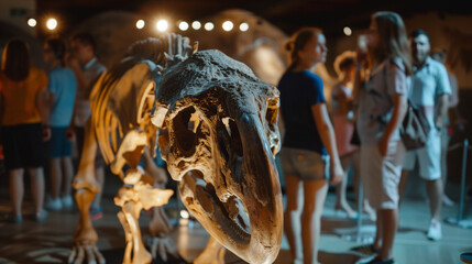 Gigantic mastodon fossil exhibited in natural history museum, prehistoric mammal skeleton on display for education and paleontology study, evolution and ancient wildlife concept.