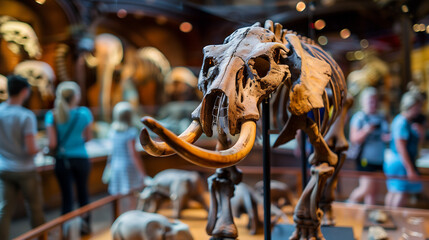 Gigantic mastodon fossil exhibited in natural history museum, prehistoric mammal skeleton on display for education and paleontology study, evolution and ancient wildlife concept.