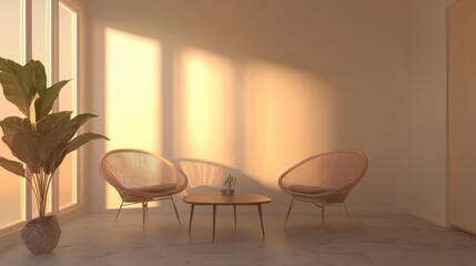 Sunrise hues illuminate a minimalist living room.