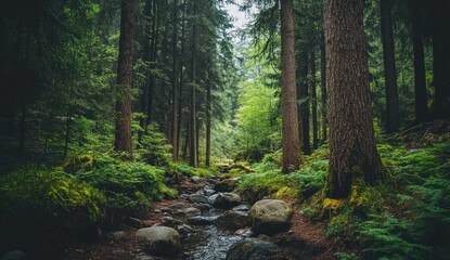 Obraz premium Serene Forest Stream: A Tranquil Path Through Lush Green Woods