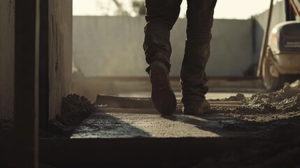 Fototapeta premium A construction worker leveling a concrete floor at a construction site. Featuring accuracy and effort