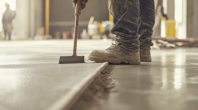 A construction worker leveling a concrete floor in a building. Featuring precision and skill