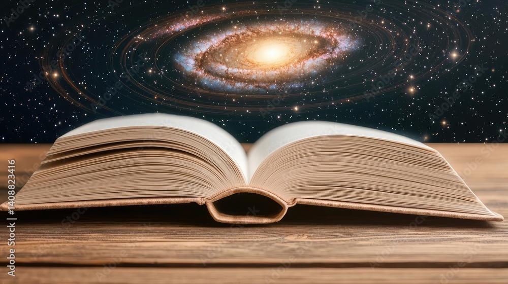 Poster Open book under starry sky symbolizing learning and cognition concept. An open book with a galaxy backdrop symbolizes knowledge and wonder.