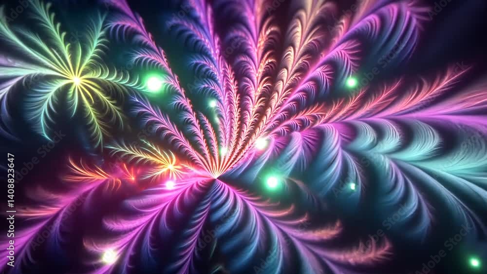 Poster luminous feather fractals: vibrant gradient textures bloom from a central nexus