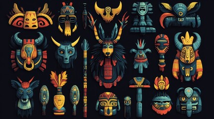 Vibrant Collection of Abstract Tribal Masks and Animal Figures Artwork