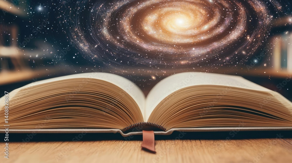 Poster Open book under starry sky symbolizing learning and cognition concept. An open book revealing a galaxy, symbolizing boundless knowledge.
