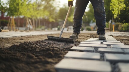 A construction worker leveling the ground for paving. Featuring attention to detail and precision