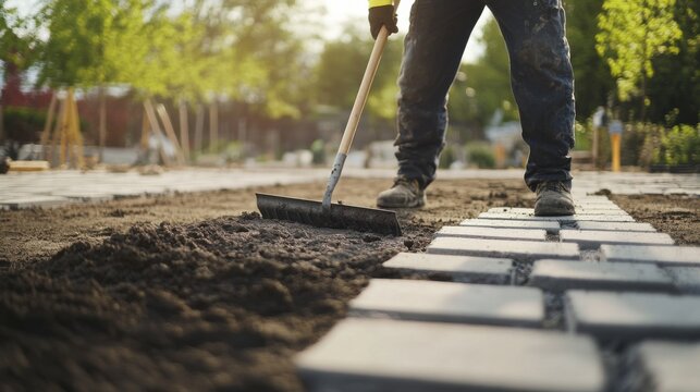 A construction worker leveling the ground for paving. Featuring attention to detail and precision