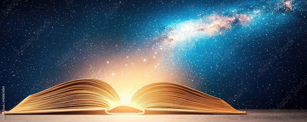 Poster open book under starry sky with galaxy and cognition concept. an open book reveals cosmic wonders an