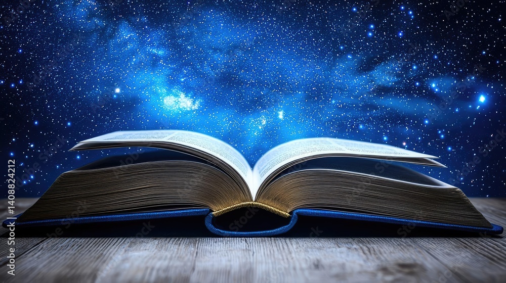 Poster open book under starry sky symbolizing learning and cognition concept. an open book resting on a tab