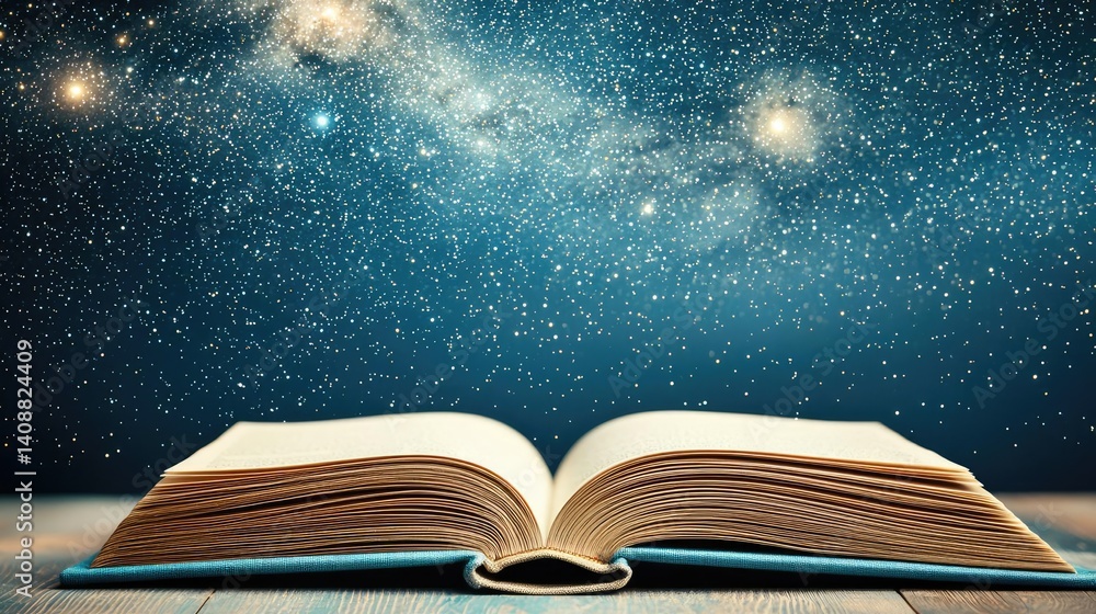 Poster open book under starry sky symbolizing learning and cognition concept. an open book under a starry n