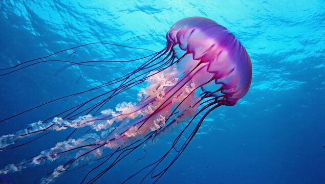 Vibrant purple jellyfish swimming in deep blue ocean sea water, underwater wildlife, marine biology, ocean animal life, and nature concept with soft lighting highlighting delicate jellyfish tentacles.