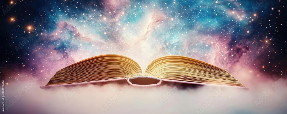 Poster open book under starry sky symbolizing learning and cognition concept. an open book against a cosmic