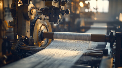 Naklejka premium Close-up view of industrial looms weaving yarn in a modern textile factory, symbolizing precision, mass production, innovation, and the interconnectedness of technology and craftsmanship.