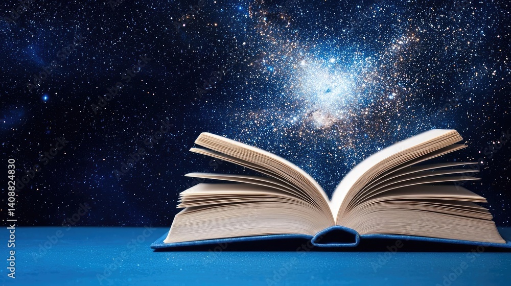 Poster open book under starry sky with galaxy and cognition concept. an open book against a cosmic backgrou