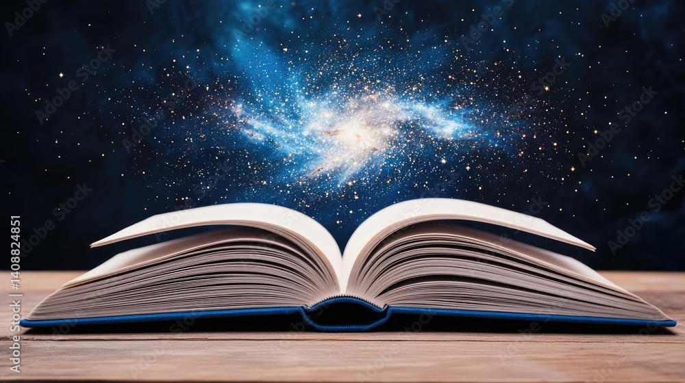 Poster open book under starry sky with galaxy and cognition concept. an open book revealing a stunning gala