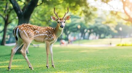 Obraz premium Young Deer with Spots Standing Gracefully in a Lush Green Park