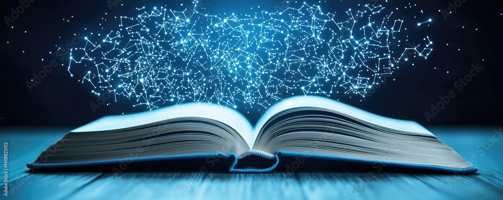 Poster open book under starry sky expanding cognition of space concept. an open book with glowing particles