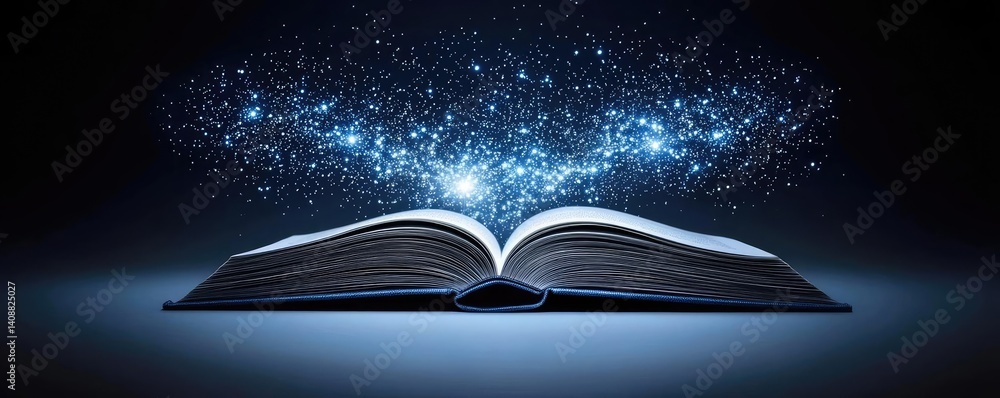 Poster open book under starry sky expanding cognition of space concept. an open book revealing a galaxy of 