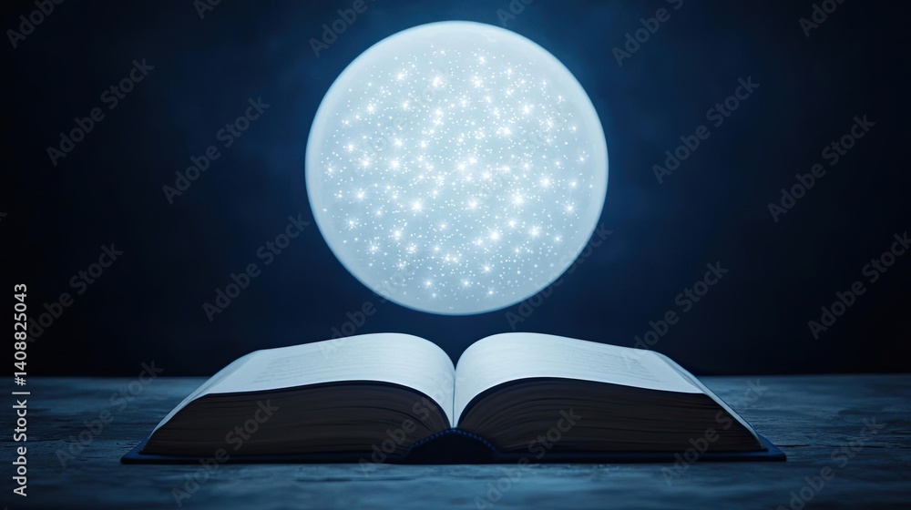 Poster open book under starry sky with galaxy and cognition concept. an open book with a glowing moon, symb