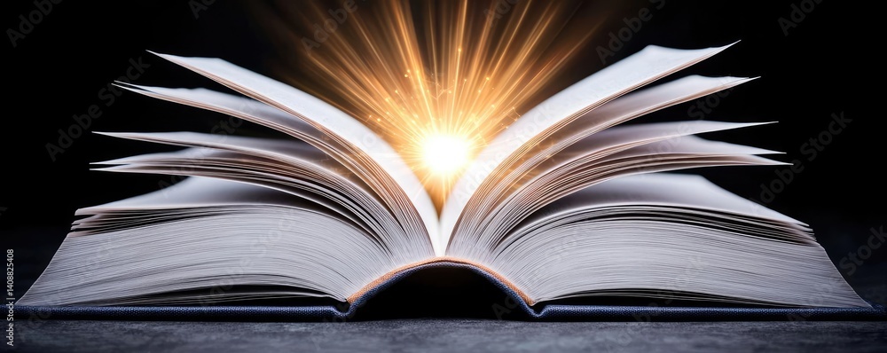 Poster Open book under starry sky symbolizing learning and cognition concept. An open book with glowing light symbolizing knowledge and wisdom.